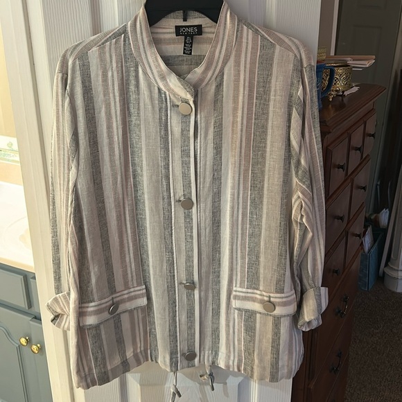 Jones New York Striped Metal Button-Up Linen Rayon Jacket SZ L - Picture 1 of 7